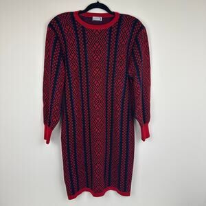 Vintage Yves Saint Laurent Womens Long Sleeve Geo Red/Navy Sweater Dress Medium